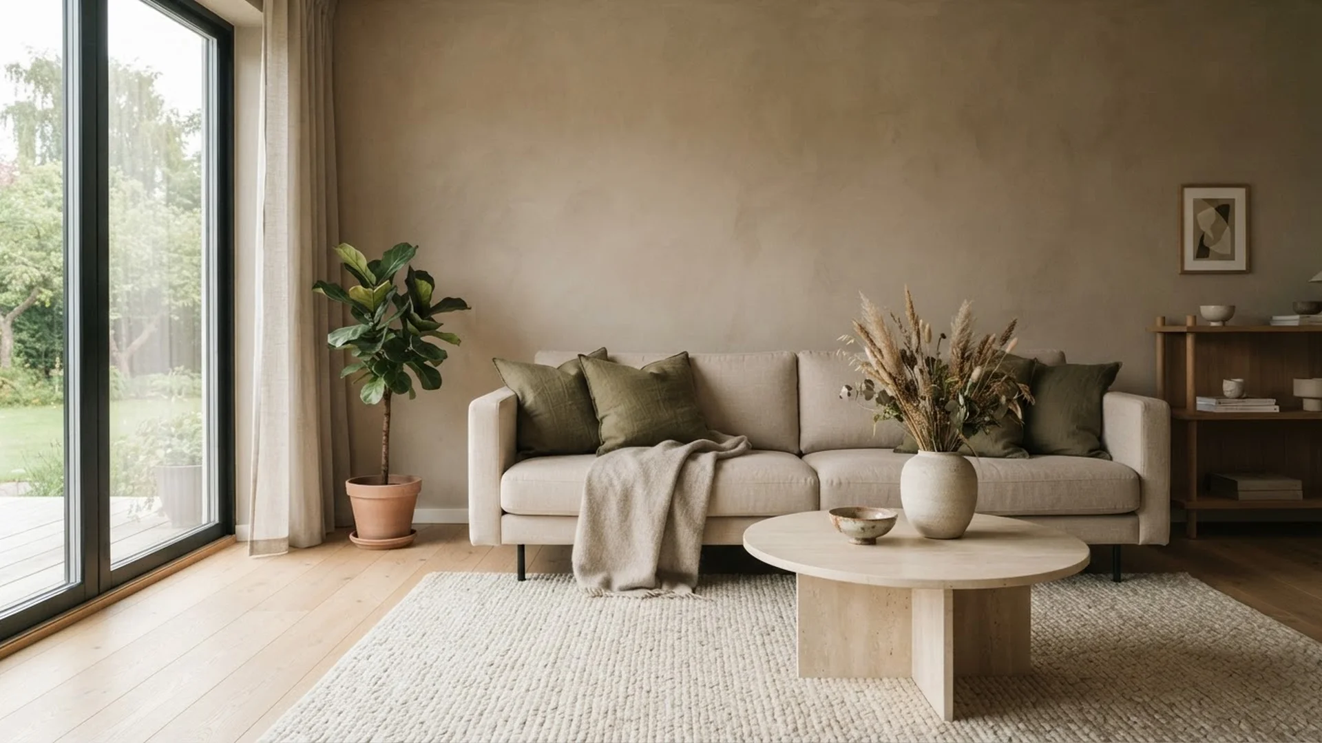 Šviesi skandinaviško stiliaus svetainė su lino sofa, alyvuogių pagalvėlėmis ir ąžuolo grindimis